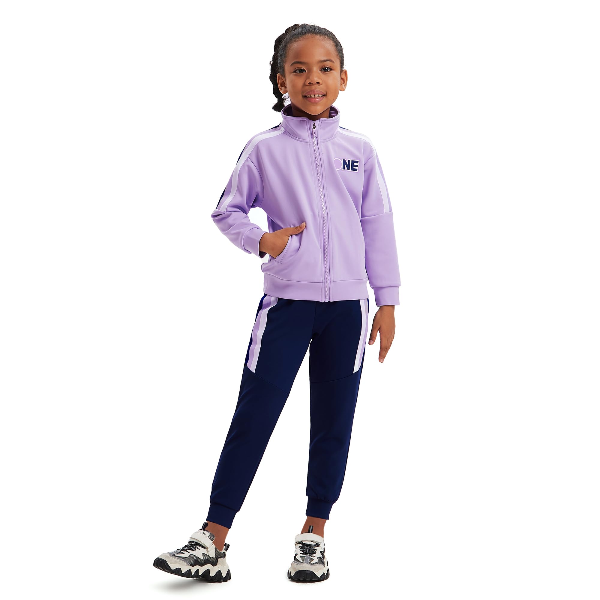 2Pack Mädchen Kinder Outfits Trainingsanzug Set gestreift Bomber Brief drucken Zip Up Crop Top Langarm mit Taschen unten Sport authentisch Jogger Kordelzug Hose für Alter 4-15 Jahre