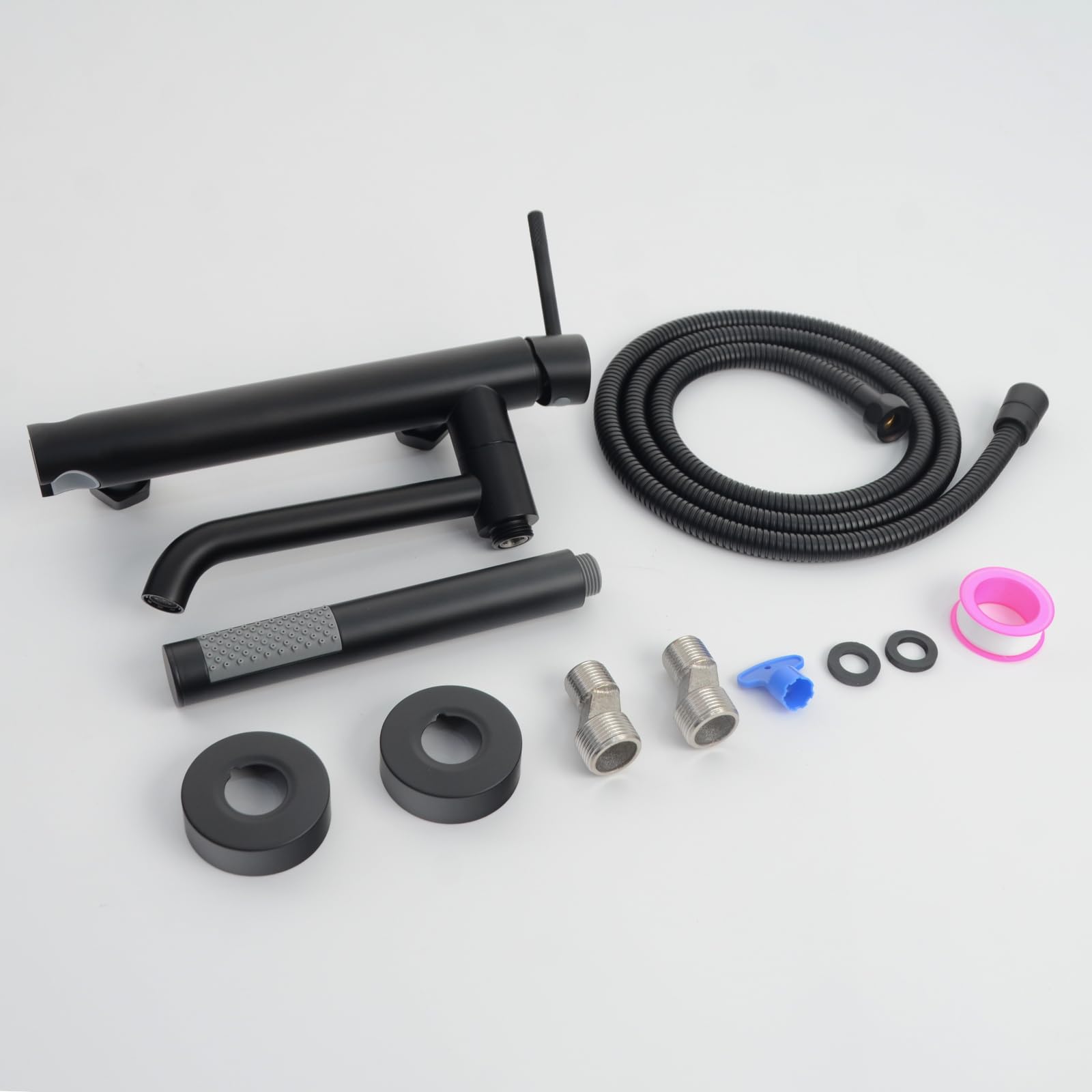 PHASAT Rubinetto Vasca da Bagno con Doccetta, Miscelatore Monocomando Doccia Esterno con Doccetta, Rubinetto a Parete Bagno Bocca girevole a 90°, Nero PTBB27E
