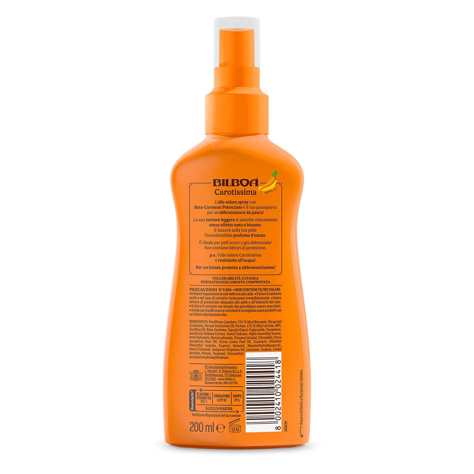 Bilboa, Carotissima, Olio Solare Spray Super Abbronzante, Acceleratore di Abbronzatura con Betacarotene Potenziato, Adatto a Pelli Scure o Abbronzate, Resistente all’Acqua, 200 ml
