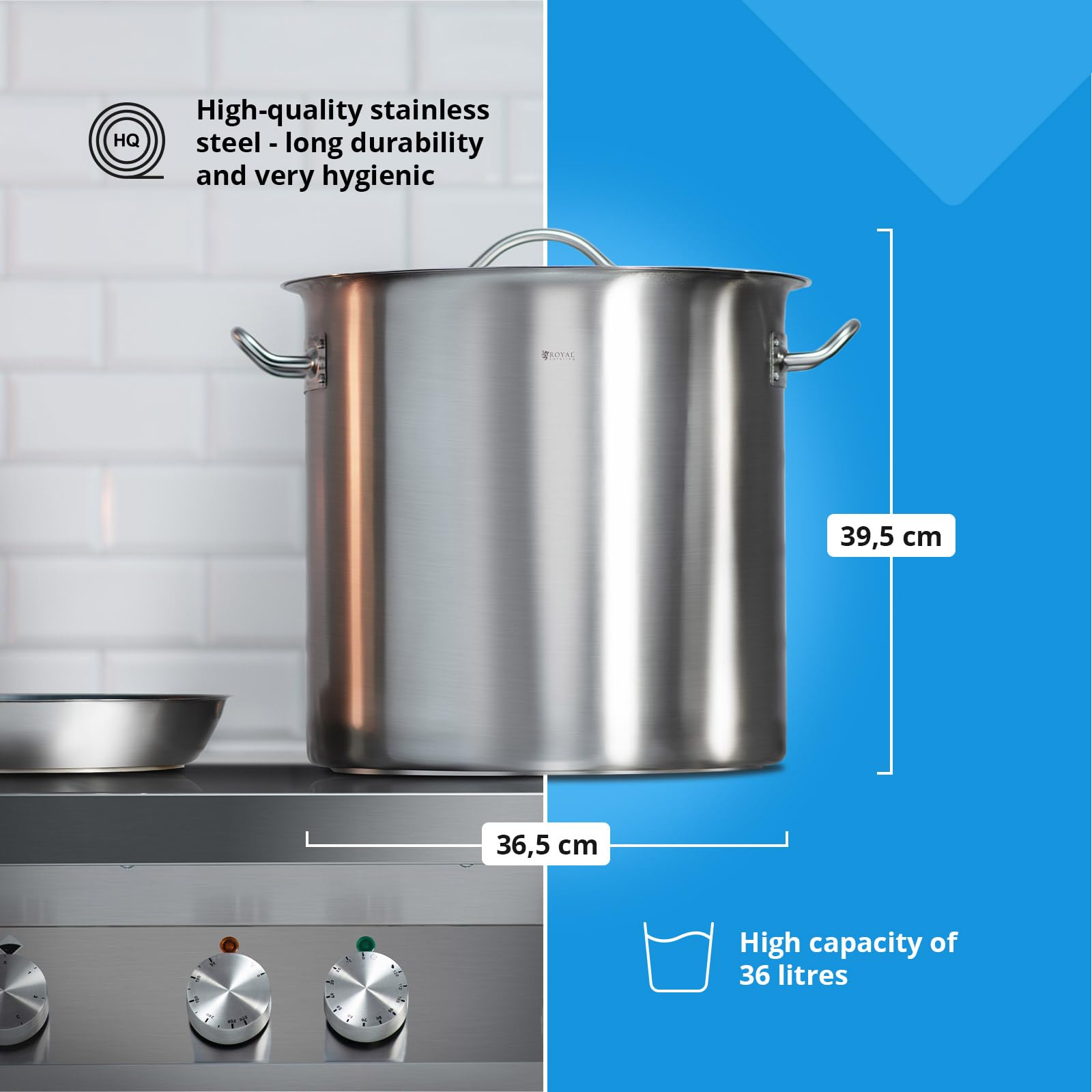 Royal Catering Garnek do gotowania indukcyjnego, 36 l, Ø 36 cm, z pokrywką, ze stali nierdzewnej, garnek indukcyjny, garnek ze stali nierdzewnej