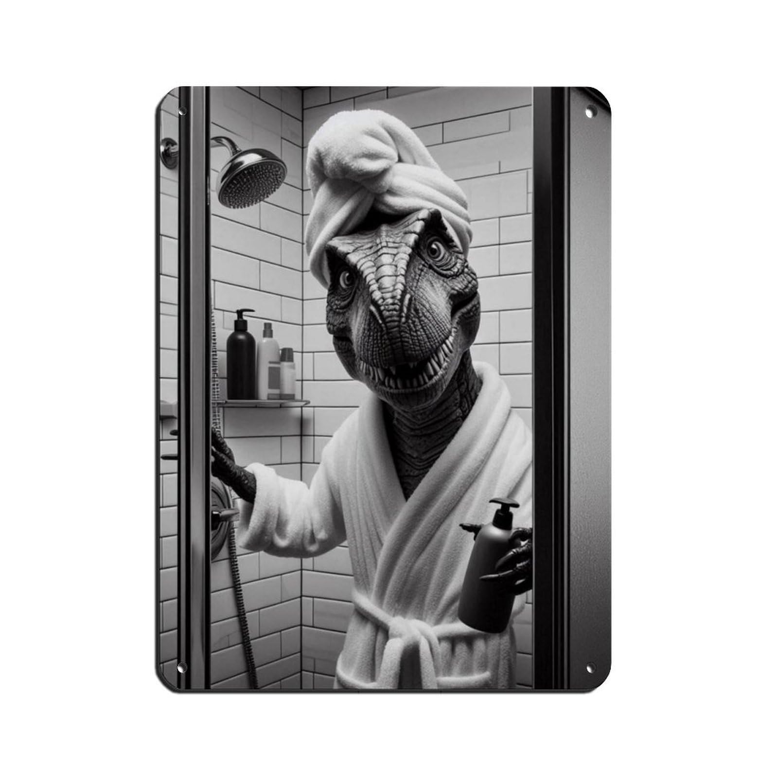 Dinosaur T-Rex Bathroom Art Tin Sign Vintage Metal Pub Club Cafe Bar Home Wall Art Decoration Poster Retro 12x16inch(30x40cm)