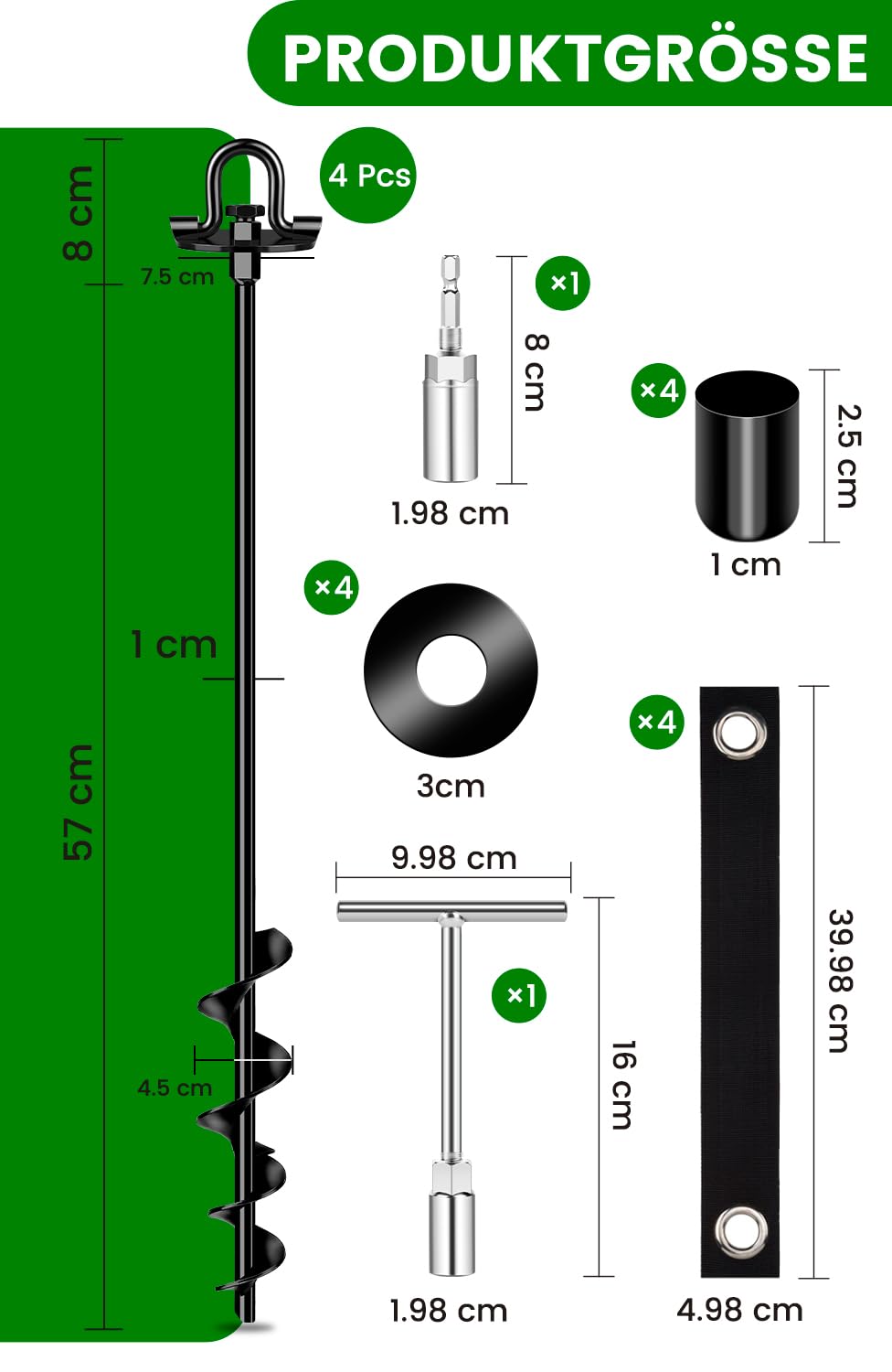 Erdanker Schwerlast 4 Pack (65cm)– Trampolin Erdanker für Garten, Schuppen & Schaukel, Spiral Bodenanker mit versteckter Öse, Rasenmäherfreundlich, Montage mit Bohrmaschine oder T-Griff, Sturmfest