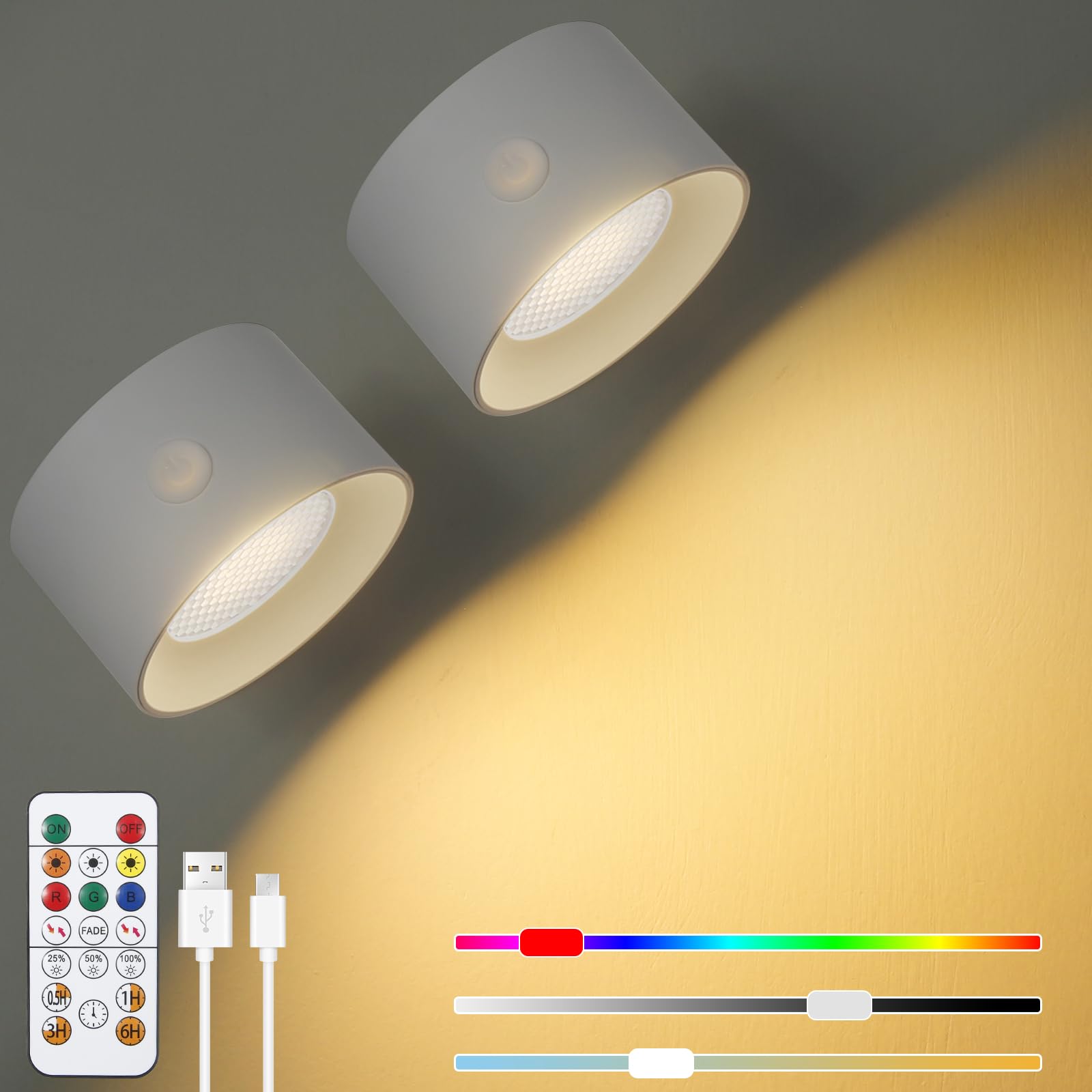 Comius Sharp Lámpara de Pared 2 Pcs, Apliques Pared Interior Giratoria de 360° con Carga USB, Control Táctil y Mando a Distancia, 16 RGB Colores, para Dormitorio Sala de Estar Lectura