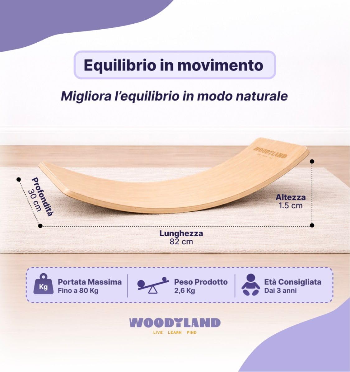 WOODYLAND Tavola di Equilibrio per Bambini, Ispirazione Montessori, Balance Board Fly in Legno Naturale, Tappetino Antiscivolo in Feltro, 80 x 30 cm