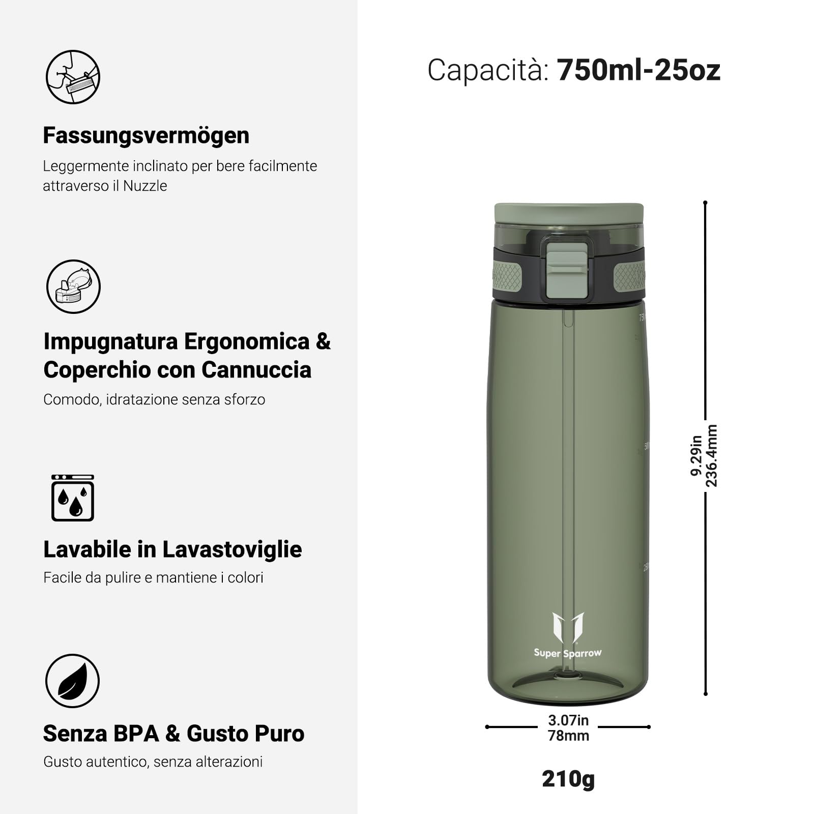 Super Sparrow Borraccia - TouchSip Sportiva Bottiglia - 500ml/750ml/1L - Tritan Senza BPA, a Prova di Perdite - Borracce con Cannuccia Ideale per Scuola e Sport