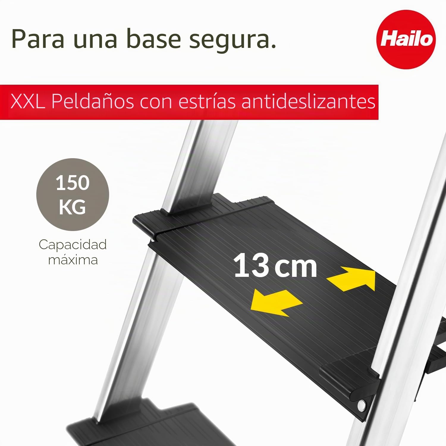Hailo Topline L100 Escalera de tijera de aluminio de seguridad, 7 peldaños XXL de hasta 150 kg, escalera de pie con soporte extensible, bloqueo de plataforma, muchos accesorios, escalera de aluminio