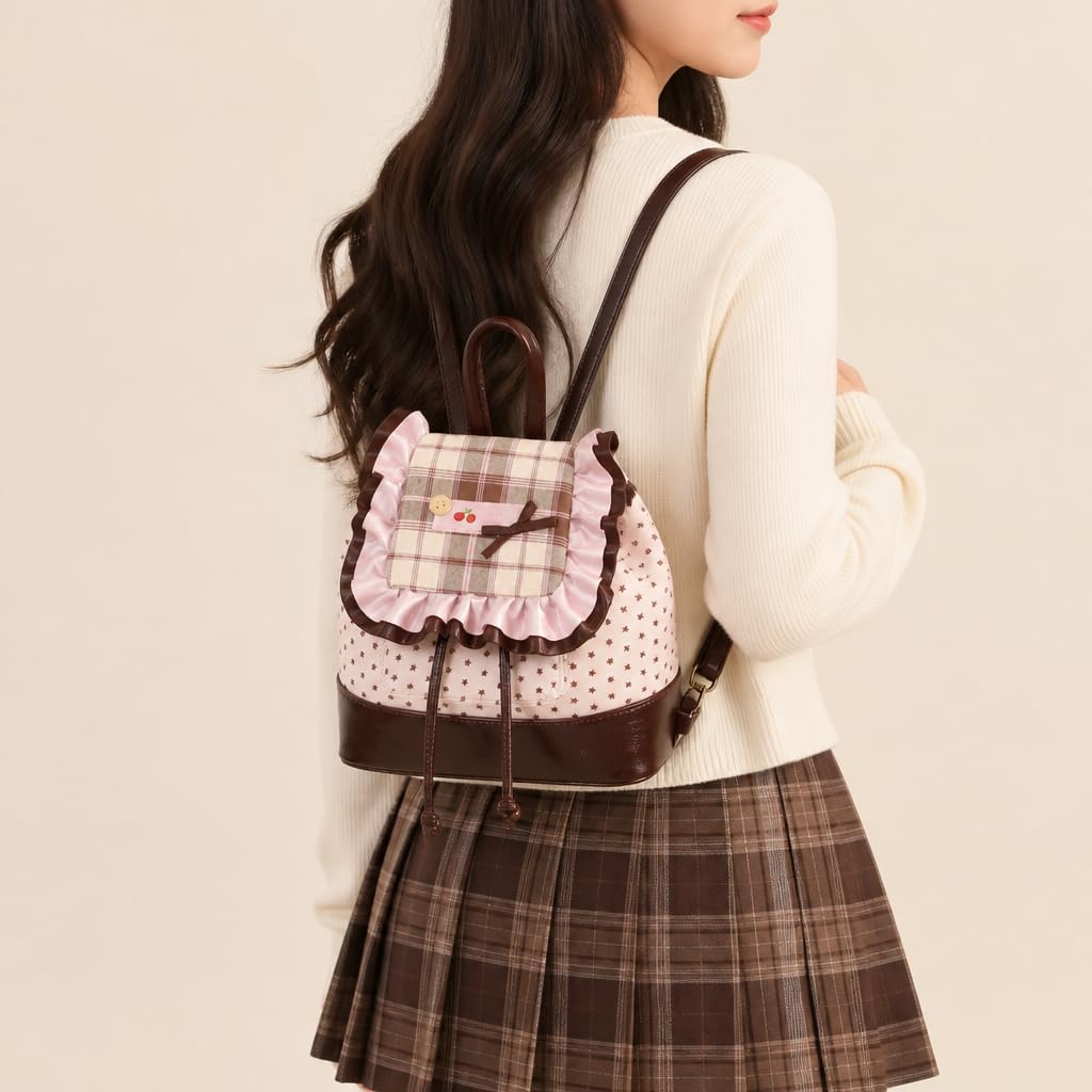 Ruffle Backpack, Pink Mini Bag with Plaid Flap (Pink)