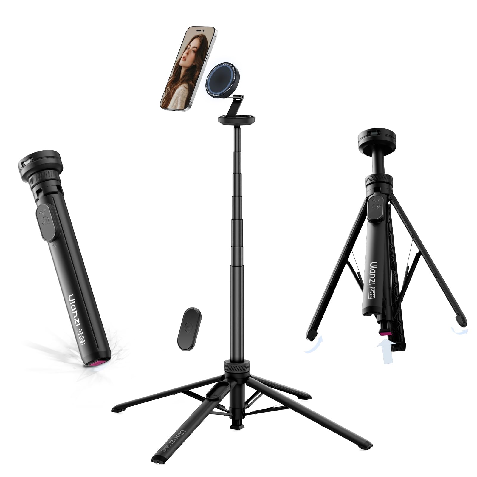 ULANZI Magnetic Phone Tripod MT85 Auto Open Tripod with Enhanced 4-Leg 60 Selfie Stick Extendable Phone Stand for