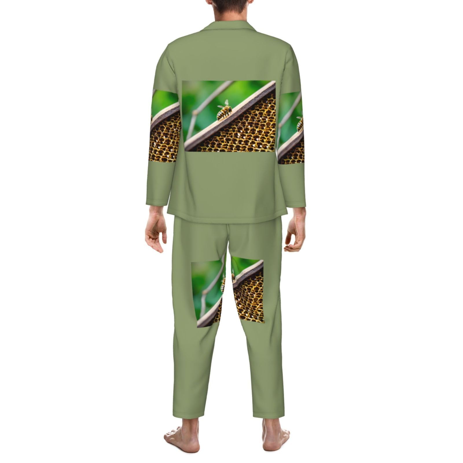 Herren-Pyjama-Set, langärmelig, mit Bienen-Motiv, zweiteilig, Hauskleidung, bequeme Nachtwäsche