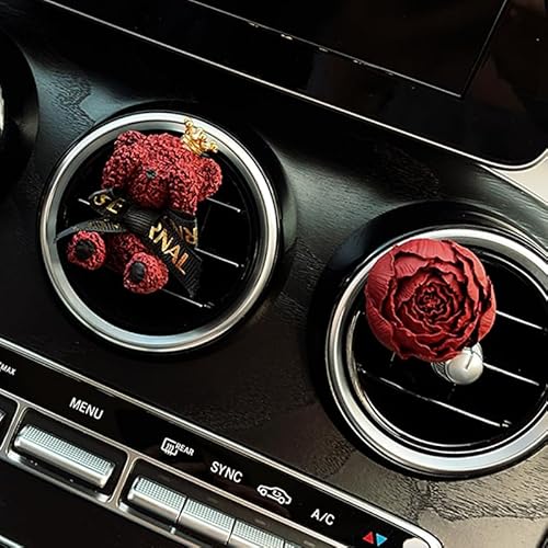 ミニカーエアベントクリップ、アロマストーンディフューザー、エアコン装飾クリップ、車用芳香剤、フレグランスディフューザーエアアウトレットクリップ、芳香器車内美的アクセサリー【精油10ml】ピンクオレンジヴィンテージ 赤い王冠の小さなクマ + 花のつぼみ