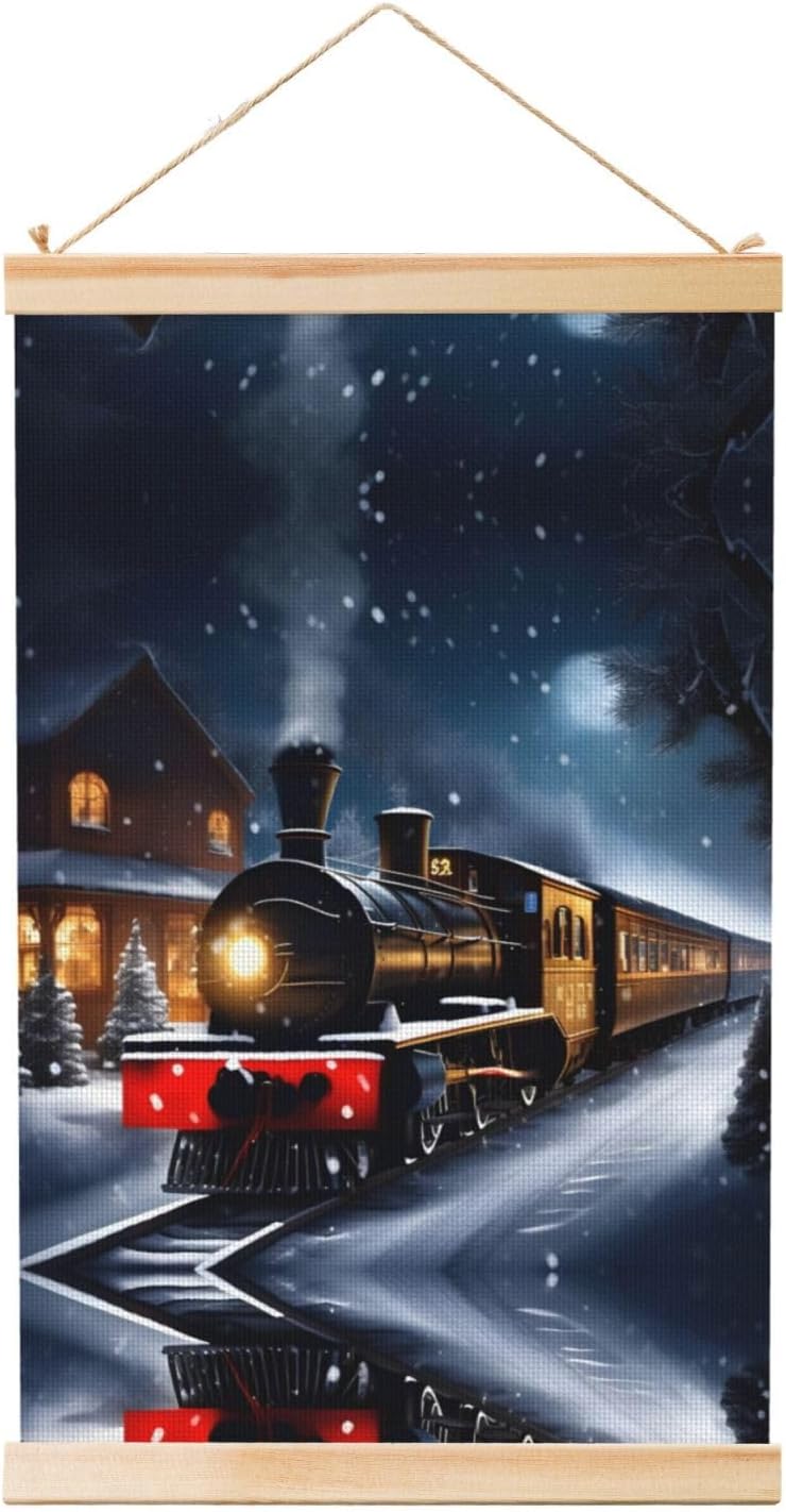 Winter Christmas Snow Night Railway Train Print Poster Hanger,Hanging Poster, Poster Frame,Wood Poster Hanger, For Wall Hanging