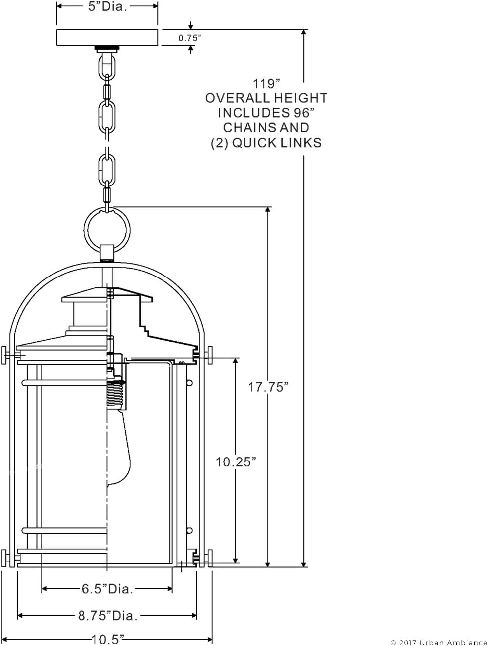 Urban Ambiance Luxury MidCentury Modern Outdoor Pendant Light, Medium Size: 18" H x 10.5" W, with Craftsman Style Elements, High-End Black Silk Finish and Seeded Glass, Includes Edison Bulb, UQL1011