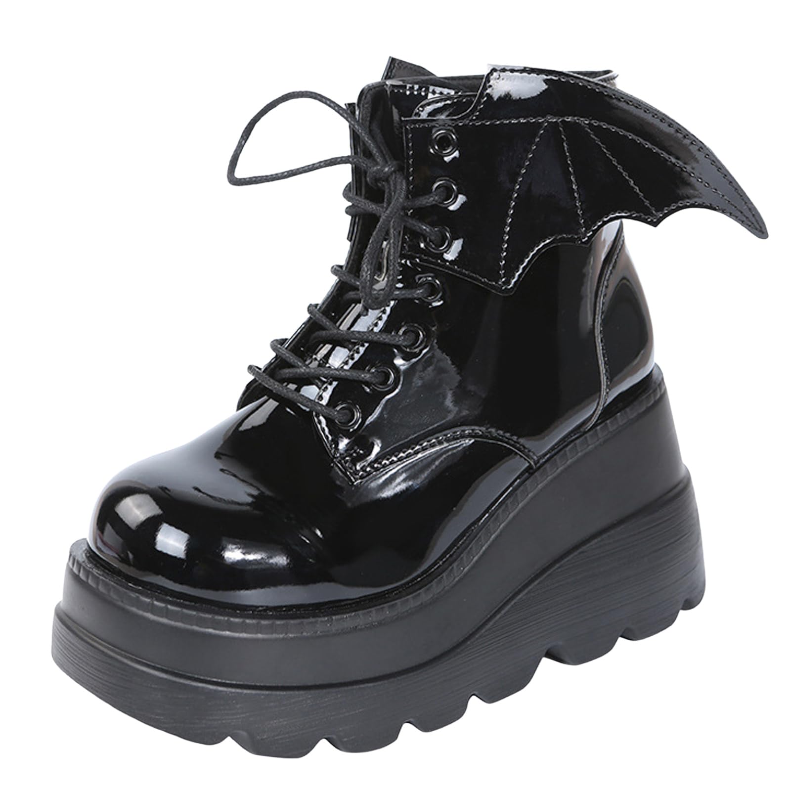 Womens Platform Goth Ankle Boots Punk Wedge Chunky High Heels Square Toe Lace up Bat Wings Design or