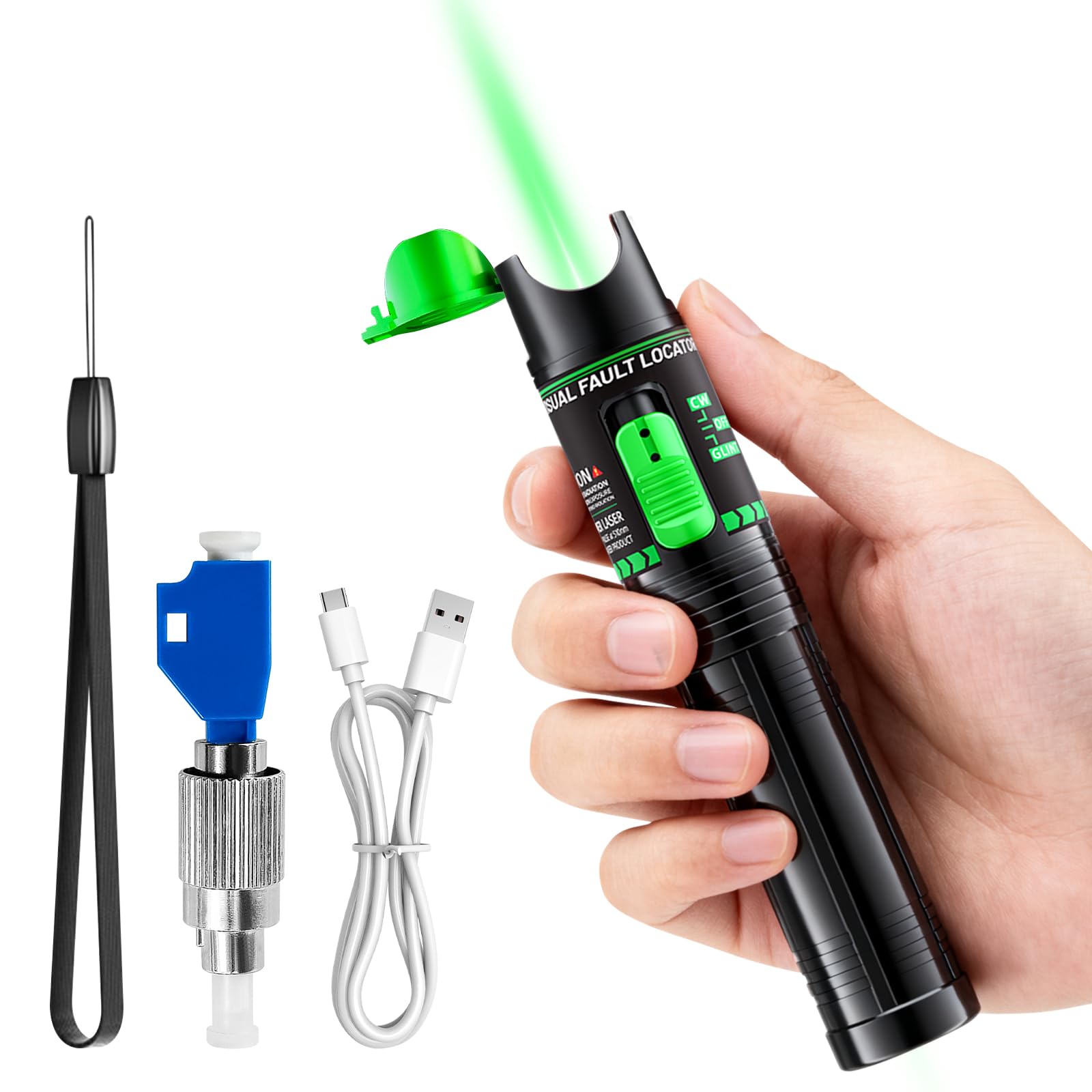 30mW Visual Fault Locator Kit Rechargeable with 2.5mm Universal ConnectorFC/SC/SF, FC to LC Adapter, 30-50km VFL Green Light Pen Fibre Network Cable Test Kit