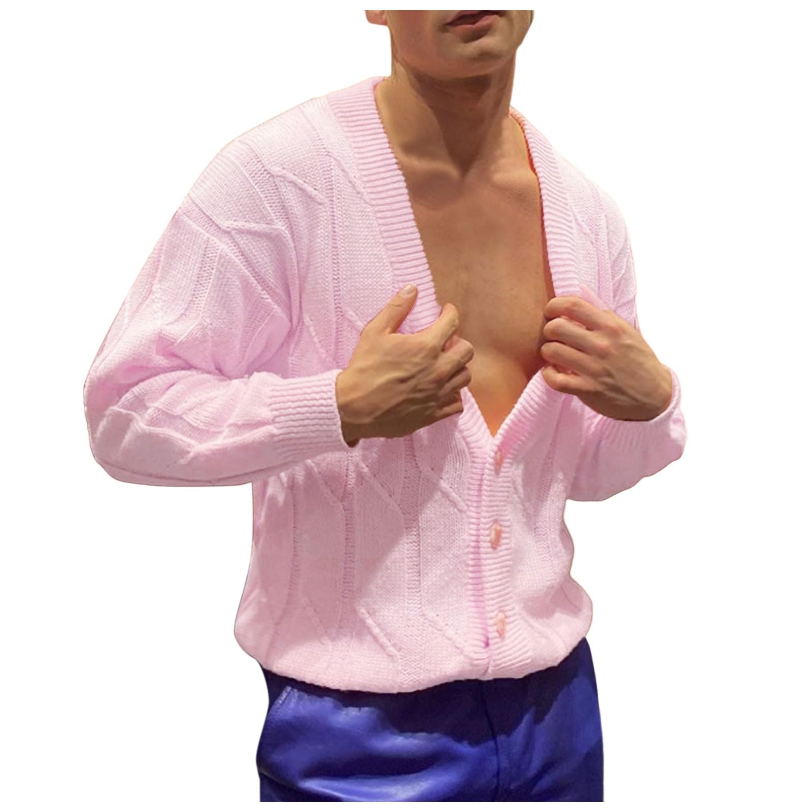 Strickjacke Herren Pink Langarm Cardigan Winter Pullovers Slim Fit Sweatjacke Bequem Cardigan Mantel Baumwolle Langarmshirts Grobstrick Winterjacke Einfarbige Winmantel