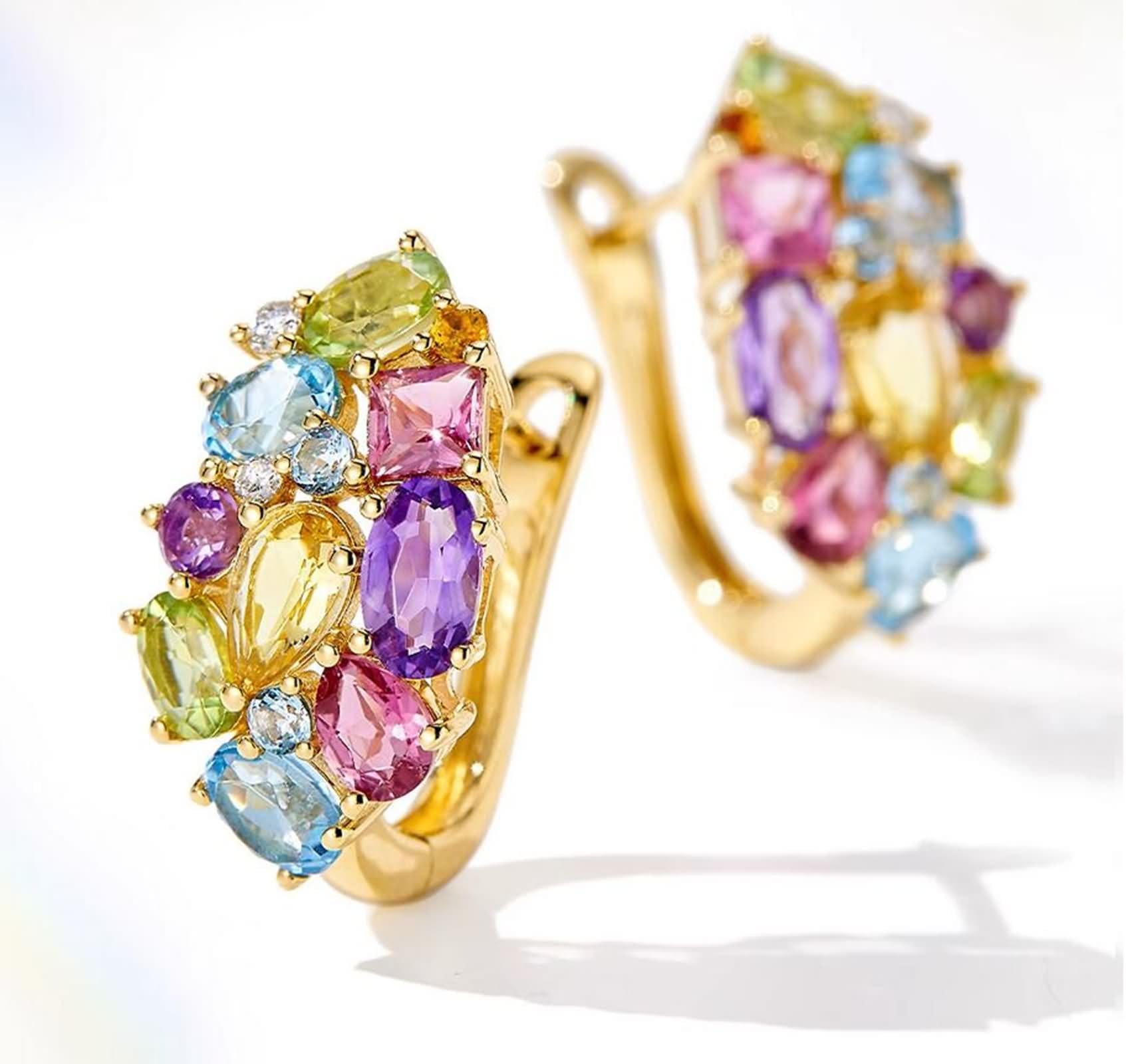 Pendientes de aro de oro amarillo de 9 K, 14 y 18 quilates para mujer, con piedras preciosas naturales coloridas