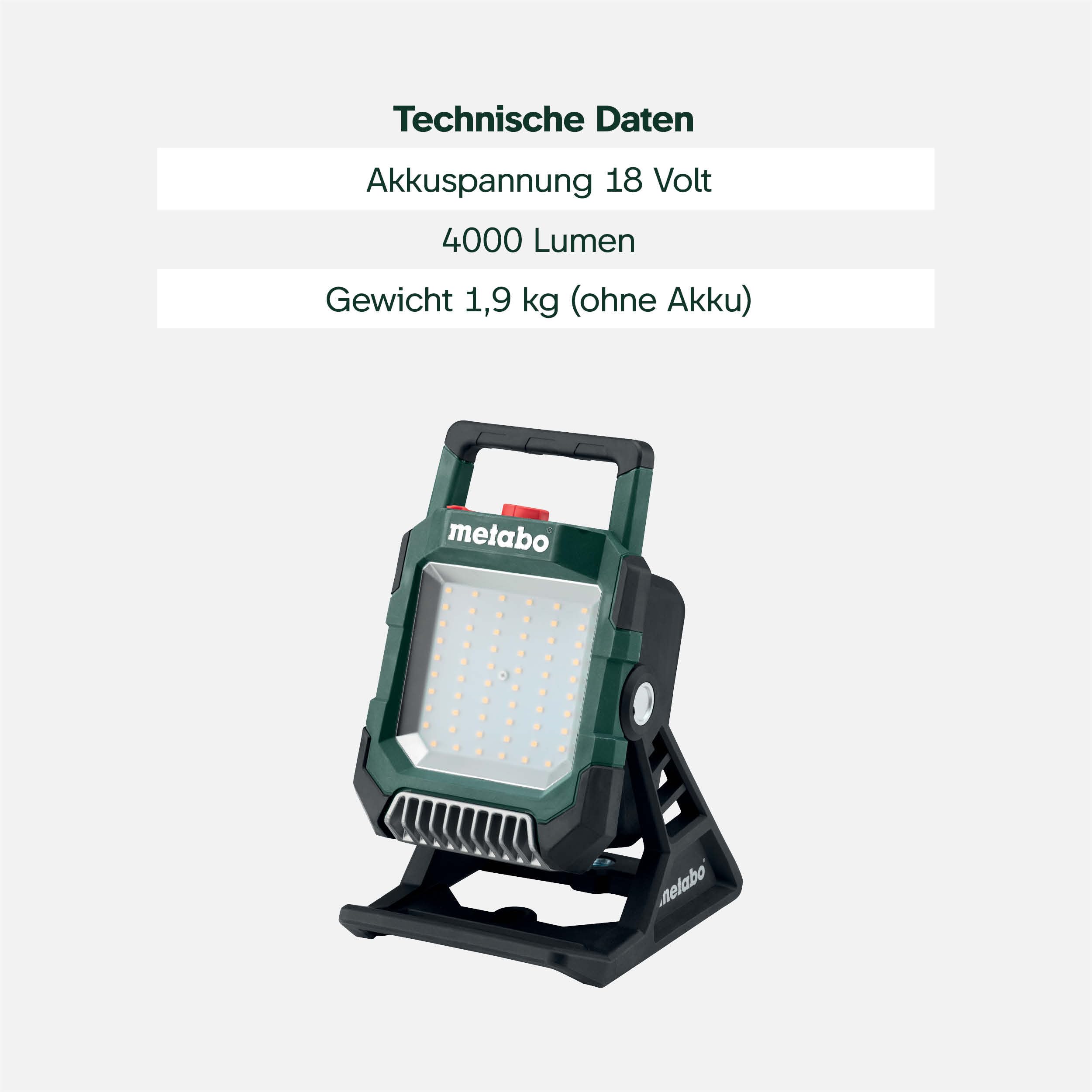 metabo Akku-Baustrahler BSA 18 LED 4000, 18 V Baustellenlampe, 4000 lm | IP54 Arbeitsleuchte mit Magnetfuss, USB-Port & 270 Grad Drehkopf, dimmbar, ohne Akku & Ladegeraet, CAS System kompatibel