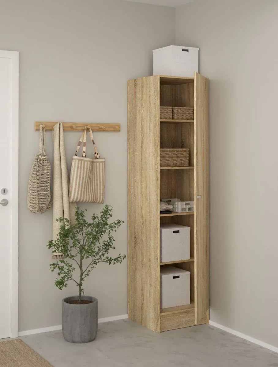 Bissolo Casa Armadio Multiuso Salvaspazio Mod. Focus Oak 49,2x47x200 cm con 1 Anta Reversibile, 4 Ripiani Regolabili e Tubo Appendiabiti, Mobile in Laminato per Casa e Cucina