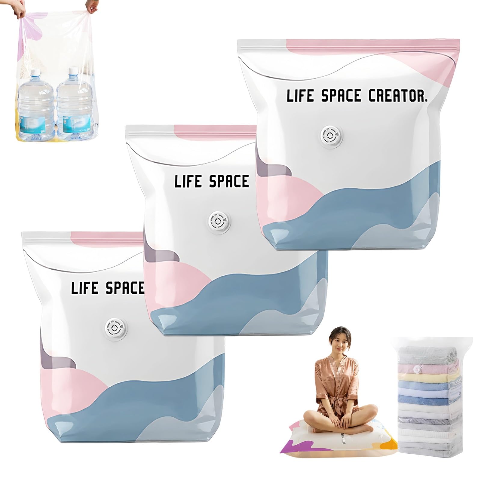 Thickened Better Life Space vacuum bag, reusable 3D vacuum storage bag without pump, waterproof vacuum bag clothing, seasonal storage effortless(M+M+M)