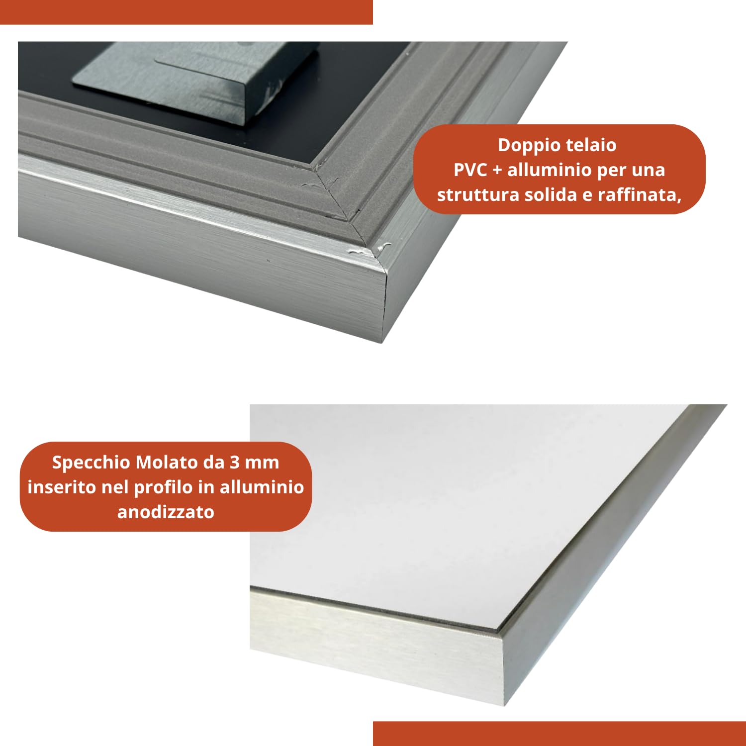 eacommerce Specchio Bagno LED con Lampada Integrata, Doppio Telaio in PVC e Alluminio, Installazione Verticale e Orizzontale, Luce Naturale a Risparmio Energetico, Design Moderno (50x70 cm)