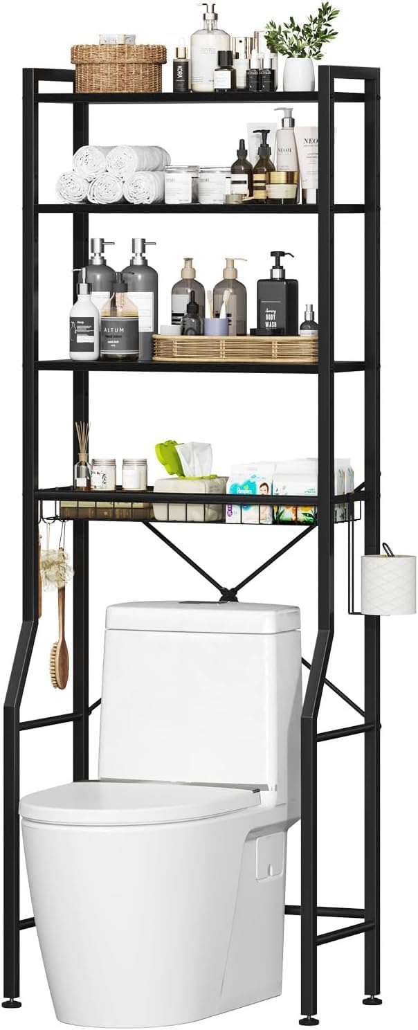 Over The Toilet Storage Rack, 4-Tier Bathroom Organizer Shelf with Adjustable Shelves, Storage Basket, Hooks & Toilet Paper Holder, Freestanding Space Saver Bathroom Shelf Above Toilet, Black