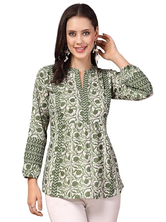 Image of Avayayat Women's Cotton Style Short Kurti for Women | Printed Straight Cotton Kurta | Round Neck Full Sleeves Short Kurti for Women's | Solid Printed Short Kurti Green