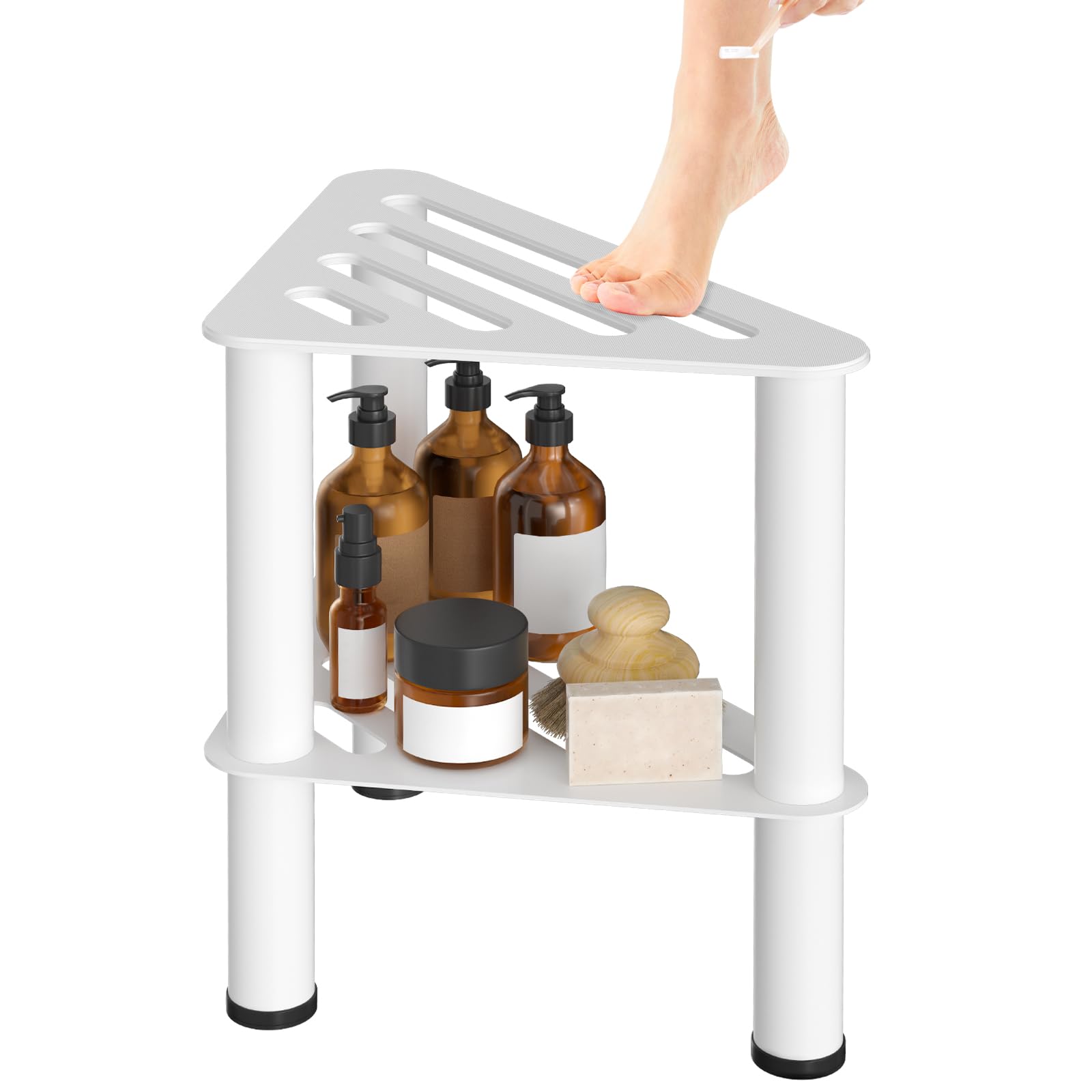 WINSTECK Upgraded Rust-proof Metal Corner Shower Foot Stool for Shaving Legs, Shower Foot Rest Bench for Inside Shower with Storage Shelf, Small Step Stools, Non-Slip Bath Stool (White)