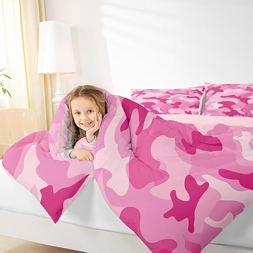 Miniatura 6 de Erosebridal Juego de ropa de cama de camuflaje para niñas y adolescentes, juego de edredón de camuflaje rosa con estampado de camuflaje militar,