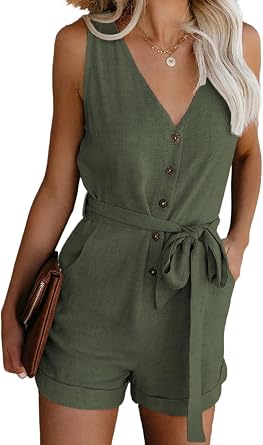Acelitt Womens Casual Summer Crewneck Ruffle Sleeveless Rompers, XS-XXL