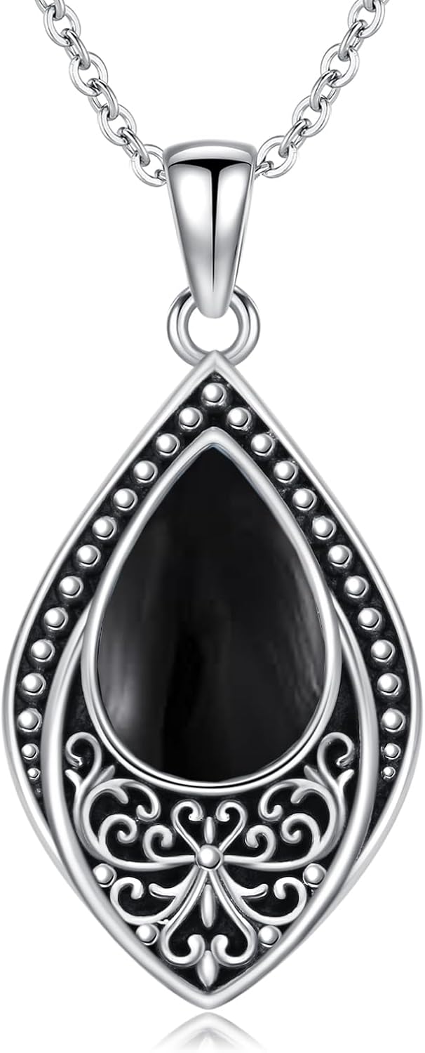 PROESS Sterling Silver Moonstone/Turquoise/Onyx/Larimar/Moss Agate Necklace Filigree Teardrop Pendant Necklace Birthday Christmas Jewelry for Women