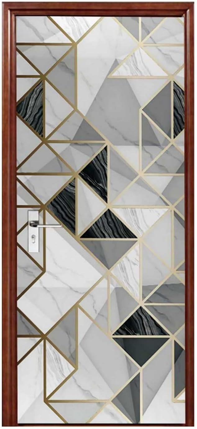 A.Monamour 3D Door Stickers for Interior Doors Grey White Golden Triangle Geometric Background Abstract Art Vinyl Waterproof Self Adhesive Door Mural Decals for Bedroom Office Bathroom 85x215cm