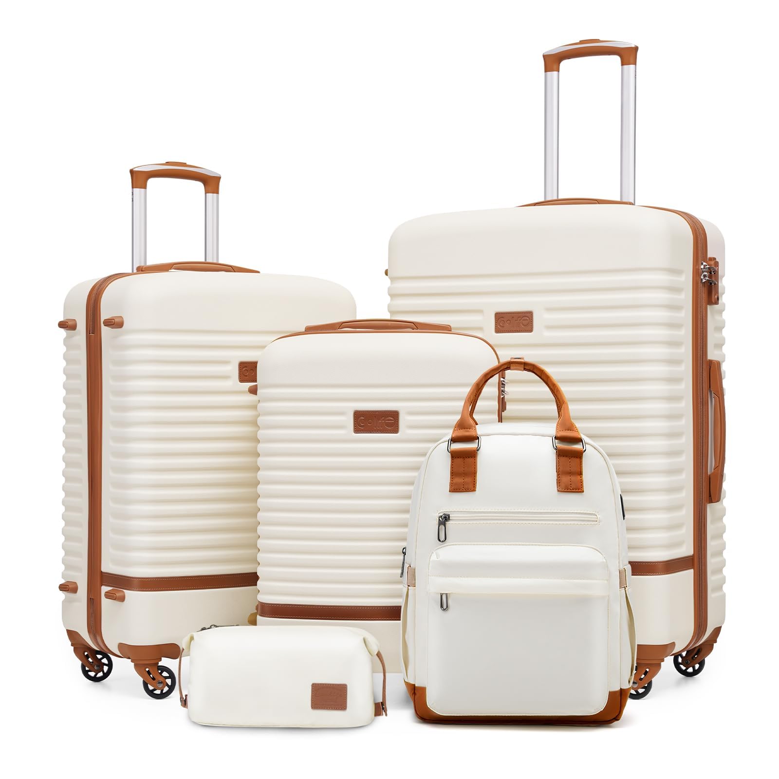 COOLIFE Set Valigie,Set di Valigie,Trolley da Viaggio con 4 Rotelle Girevoli a 360° TSA Serratura 1 zaino da viaggio e 1 Borsa da toilette Incluso (Albicocca/Bianco, Set da 5 Pezzi)