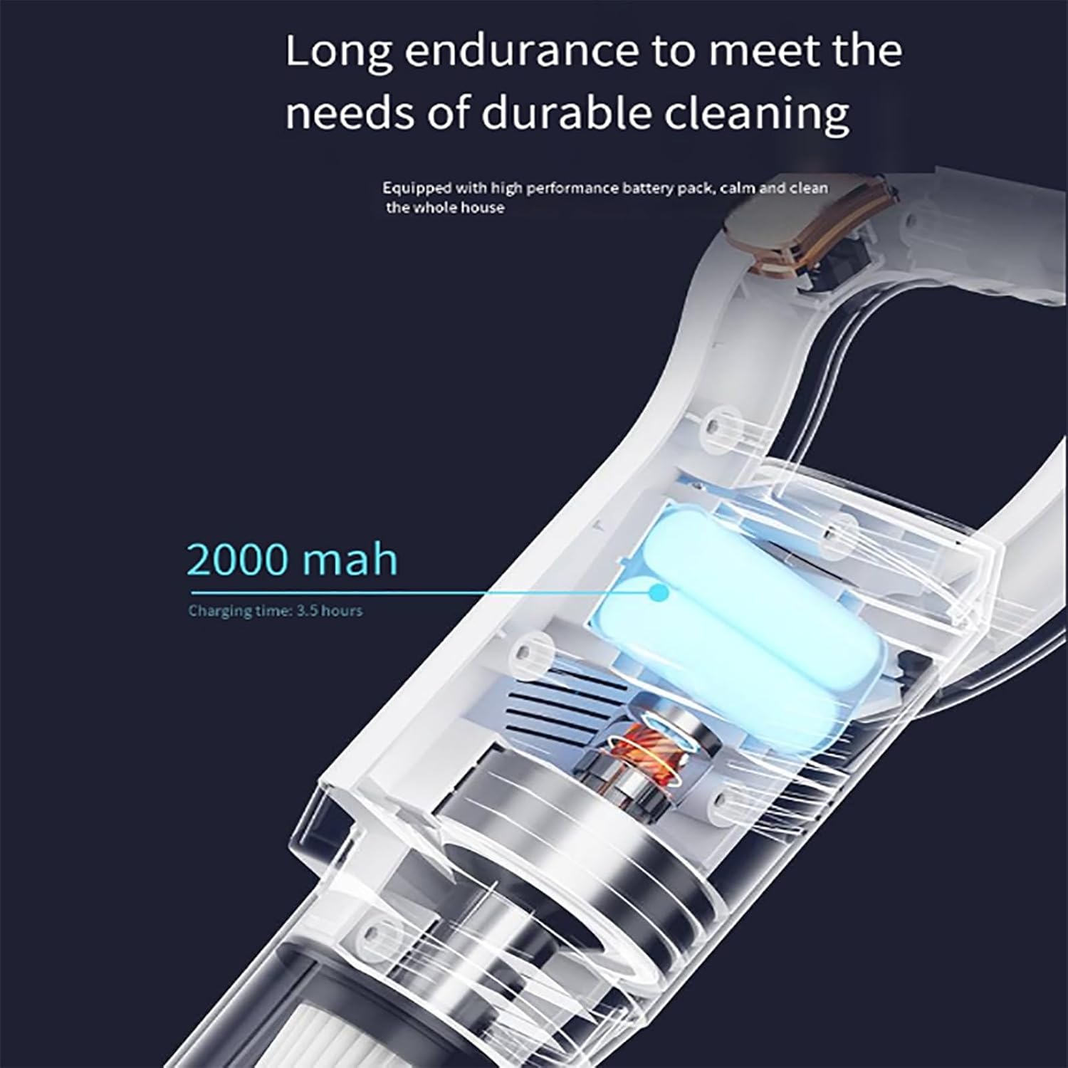 Diagram showing the internal battery pack of the vacuum cleaner with '2000 mAh' and 'Charging time: 3.5 hours' labels.
