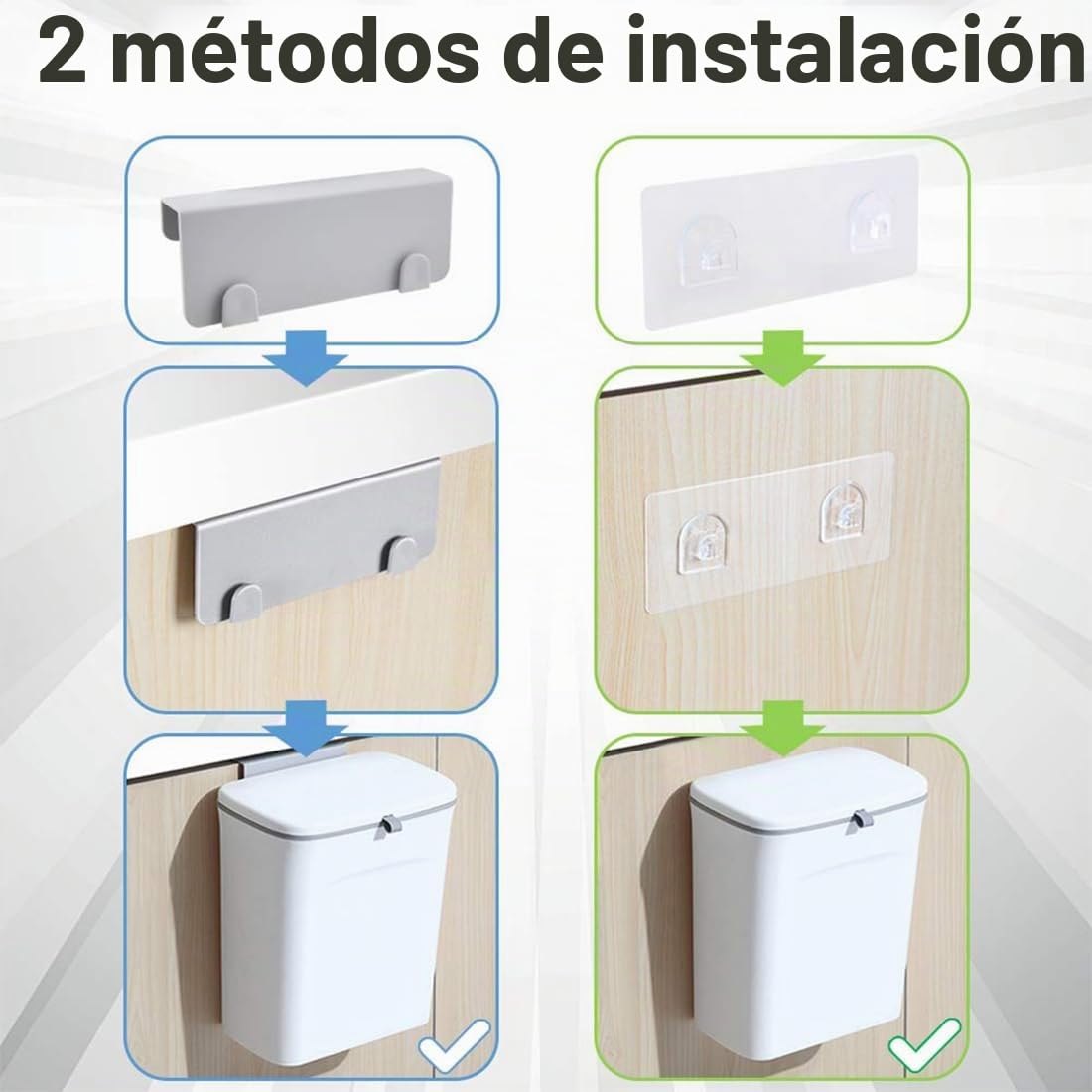 JUVEL Juego de papeleras colgantes para la cocina con tapa, 10L+8L papeleras de compost para la encimera o debajo del fregadero, papelera de plástico montada en la pared para baño/autocaravana