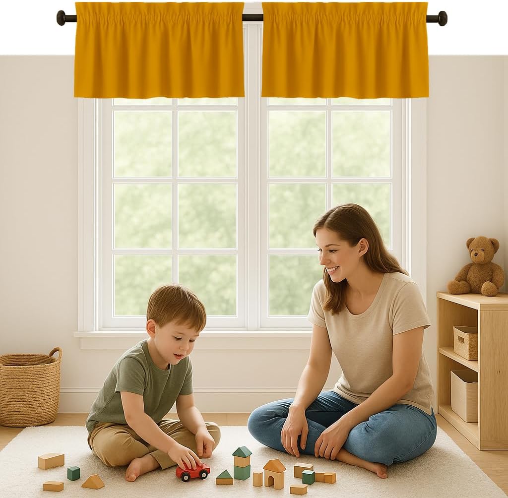 Mustard Valance Curtains 2 Pack, 54x18 Inches, 100% Cotton, Rod Pocket Window Valances, Semi Sheer Short Curtain for Kitchen, Farmhouse, Café, Bedroom, Bathroom, Living Room Décor