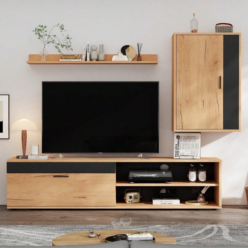 3-częściowy zestaw meblościanek, 140 cm, zestaw multimedialny z szafki pod telewizor, regał stojący i regał ścienny, nowoczesna szafka pod telewizor w kolorze drewna i czarnym, możliwość elastycznego