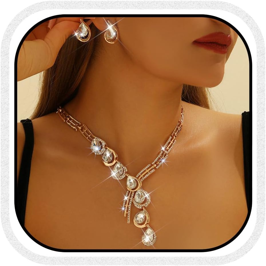 Unicra Rhinestone Gold Jewelry Sets Bridal Wedding Necklace Earrings Set Diamond Prom Formal Statement Jewelry Set for Women and Brides