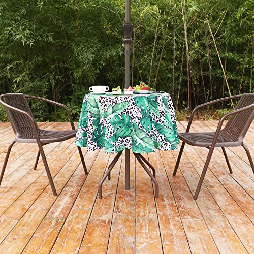 Squarepie Outdoor Indoor 60'' Round Tablecloth With Umbrella Hole And Zipper, Waterproof Patio Zippered Table Cloths For Spring Summer Party Picnic, Leopard Leaves #TOP1