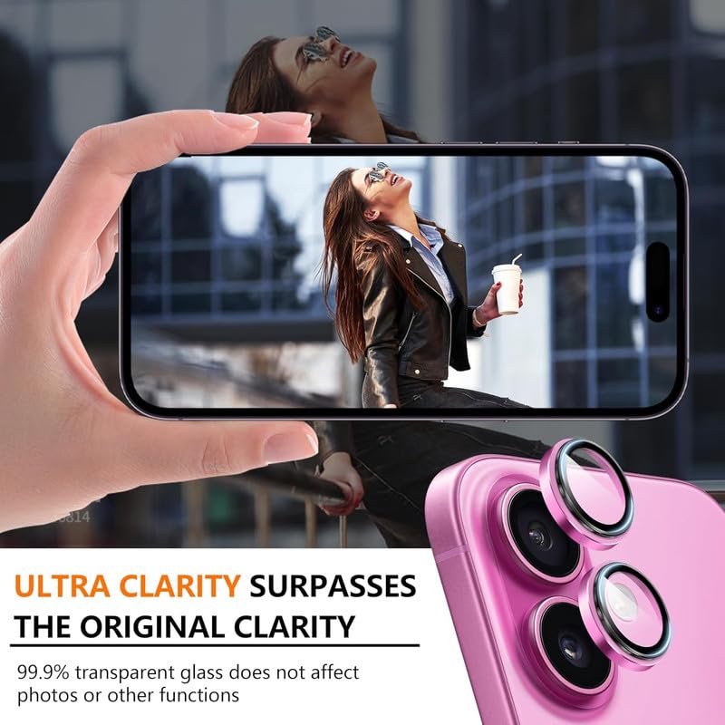 Image of Skinomi Camera Lens Protector Compatible with iPhone 16 / iPhone 16 Plus [Anti-Scratch] Premium Tempered Glass Film Aluminum Alloy Lens Ring Cover -pink