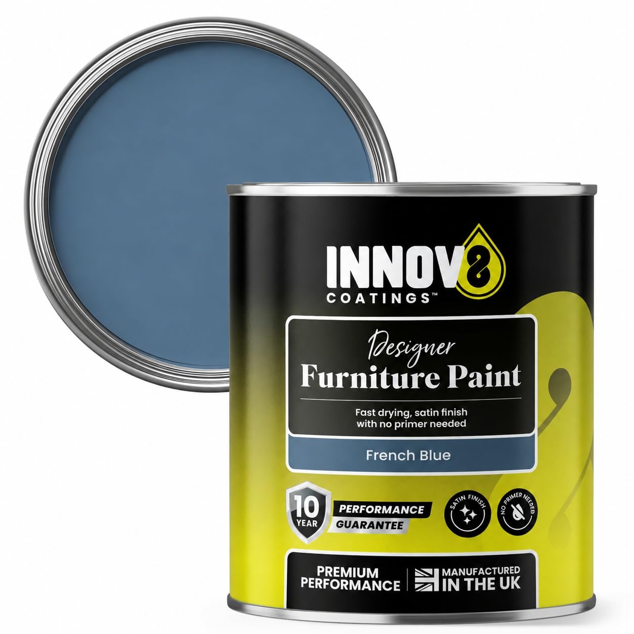 Innov8 Coatings Designer Furniture Paint 750ml - No Primer Needed - Fast Drying Satin Finish - 10 Year Guarantee - For Wardrobes, Dressers, Tables & Cabinets - Wood, MDF, Metal & Plastic (French Blue)