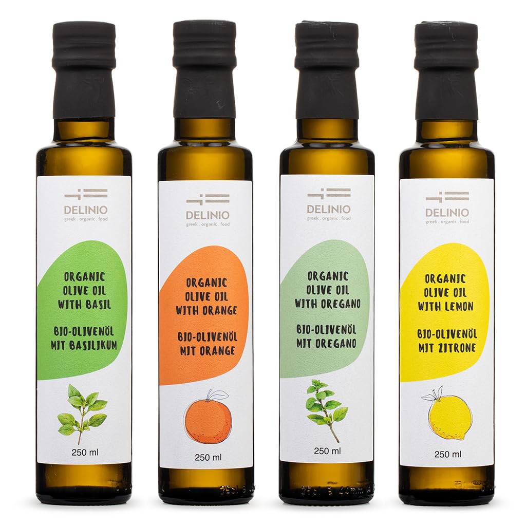 DELINIO Bio-Olivenöl Set 4 Sorten – Aromatisiertes Olivenöl Nativ Extra (Zitrone, Orange, Basilikum, Oregano) – 4x250 ml aus Griechenland, kalt extrahiert – zum Verfeinern & als Geschenk