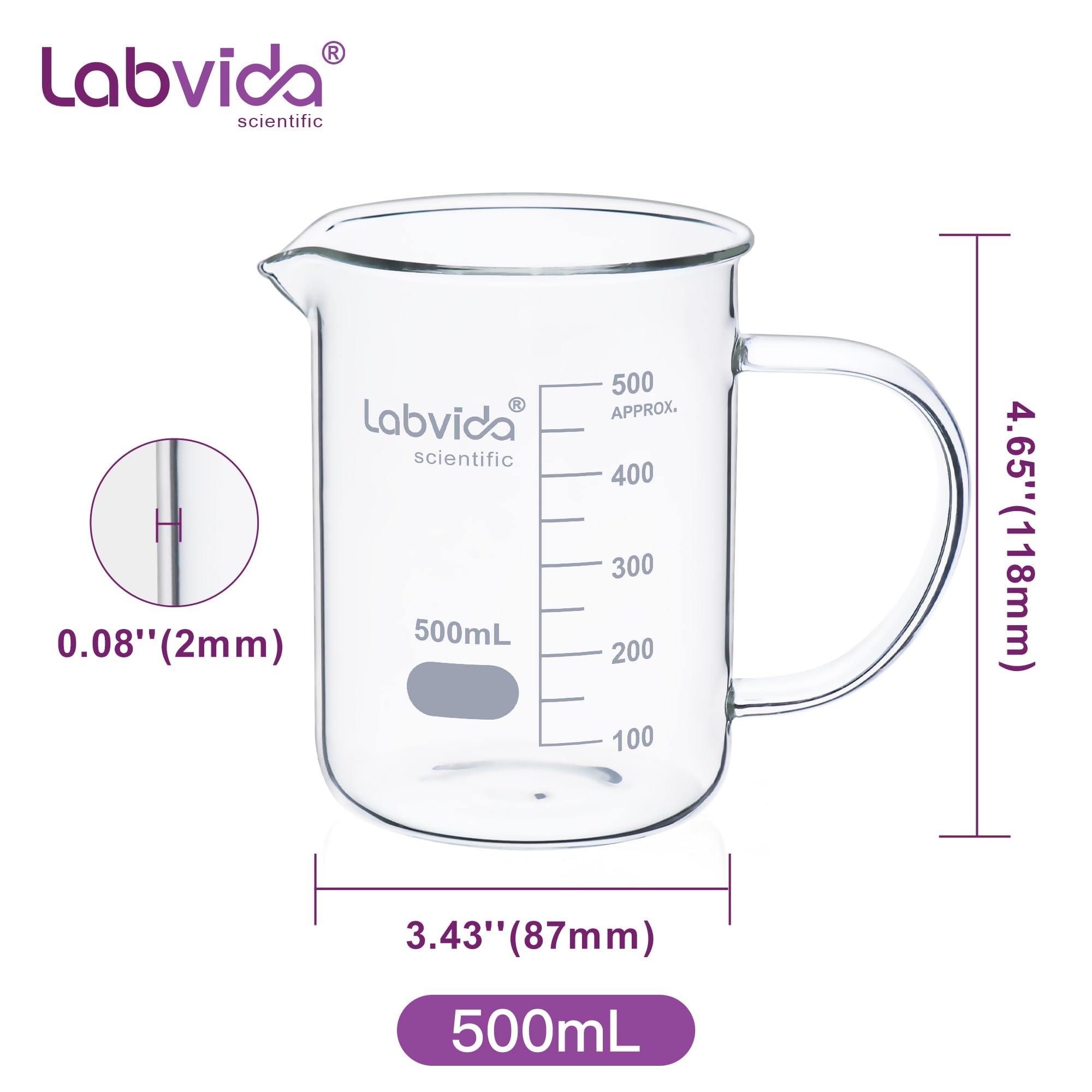 LVAT002 - Vaso de vidrio con asa, 4 unidades de vol. 500 ml, borosilicato 3.3 Griffin de forma baja con graduación impresa, LVAT002