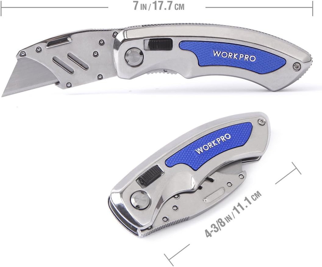 WORKPRO Quick-Change Folding Utility Knife - Retractable Utility Blade Mechanism with Stainless Steel Handle & Anti-Slip Grip - Liner Lock Keeps Blades Secure - Belt Clip Included