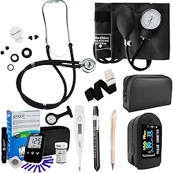 Kit Enfermagem Completo Preto Estetoscópio Esfigmomanômetro Oximetro Glicosímetro Garrote Termometro, Lanterna Clínica, Relógio Lapela + Caneta de Osso