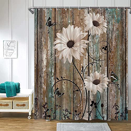 Rustic Barn Door Floral Shower Curtain, Vintage White Daisy Butterfly Teal Brown Countryside Western Bathroom Curtain Sets, Fabric Farmhouse Decor 72 X 72 Inch #TOP1