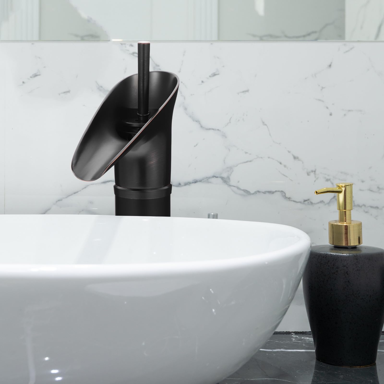 Rubinetto Lavabo Bagno Nero Monocomando, Beccuccio a Cascata | Rame, Stile Retrò ed Elegante, per Casa e Bagno, Flusso Acqua Costante, Alta Resistenza