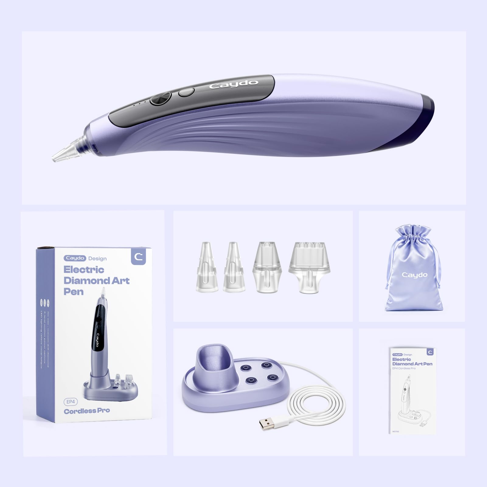 Caydo Kabelloser Elektrischer Diamond Painting Stift mit Licht, 3 einstellbare Saugstufen, aufladbarer Diamond Art Stift mit 2-in-1 Ladebasis & austauschbaren Spitzen, Diamond Art Set für Erwachsene