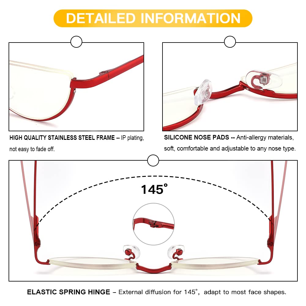 Halbmond-Lesebrille, Anti-Blaulicht, UV, Halbrahmen, Halbrahmen, schlankes Federscharnier, Lesegeräte mit Etui für Männer und Frauen