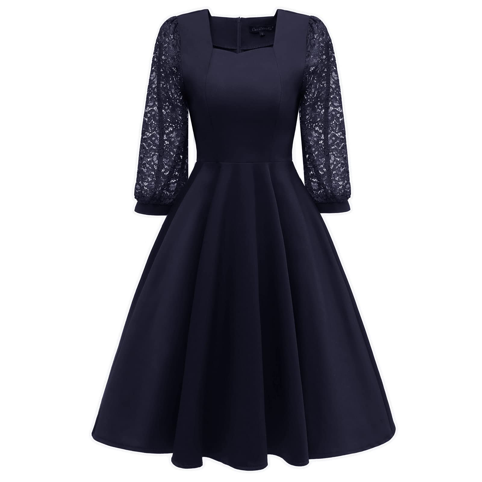 Damen Sexy Spitzenkleid 3/4 Ärmel Hohe Taille Quadratischer Kragen Kleider Casual Party Ballkleid Cocktail Sommer Hochzeitskleid Blau-XL