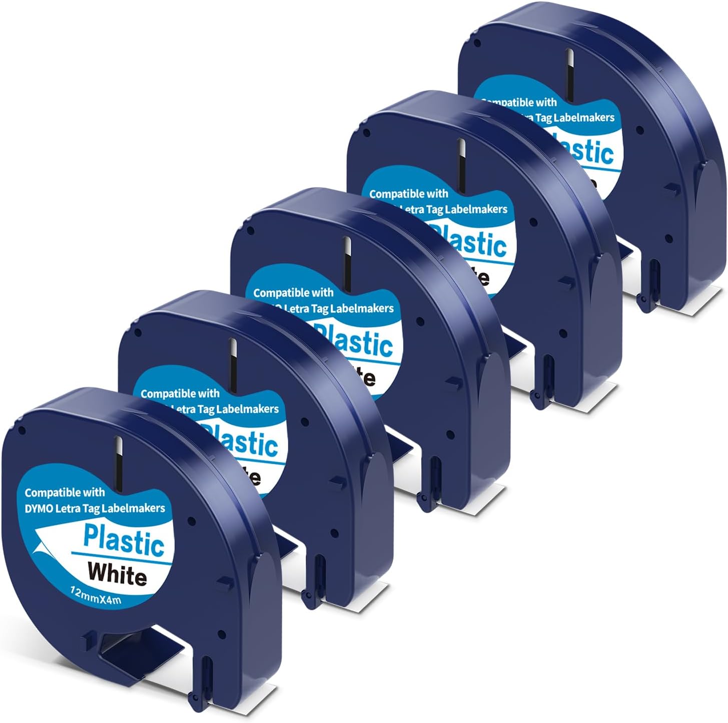 5 Pack Label Tape Replacement for Dymo Label Maker Refills 91331 White Plastic Label Tape 12mm x 4m (1/2''x13') Compatible with Dymo Letratag Label Maker LT100H LT100T QX50
